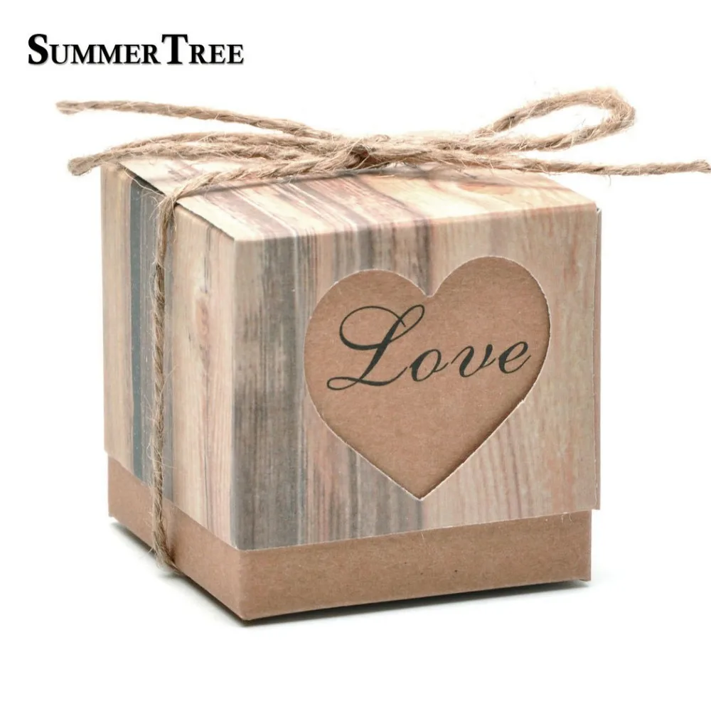 100 шт./лот романтическое любящее сердце коробка конфет для Свадебные украшения старинный крафт коробки для подарков с канат джутовый