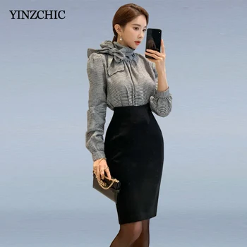 

Spring Woman Slim 2pcs Suits Office Lady Elegant Blouse Skirt Set Female New Bow Houndstooth Pencil Skirt Suit Sets Woman