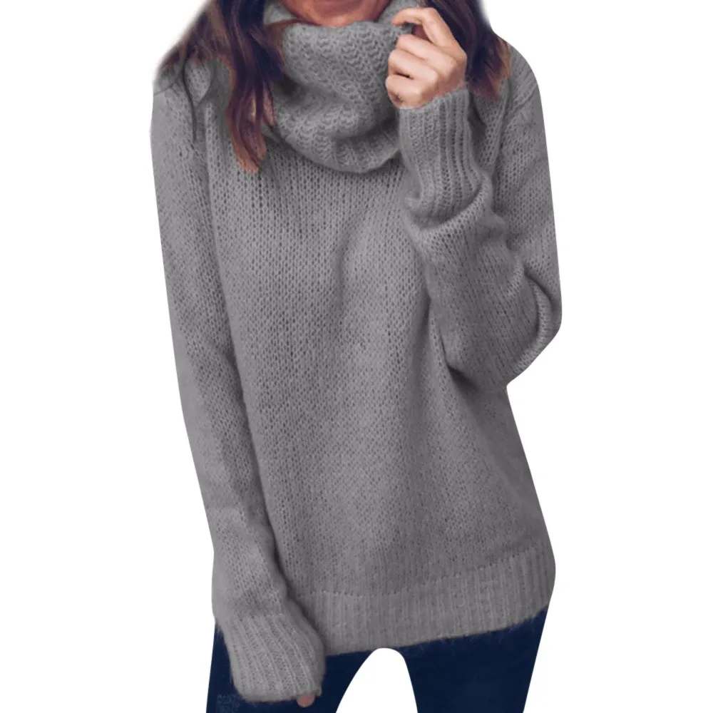 Осенне-зимний женский вязаный свитер с высоким воротом, повседневный мягкий джемпер с воротником поло, модный тонкий женский эластичный пуловер - Color: Gray