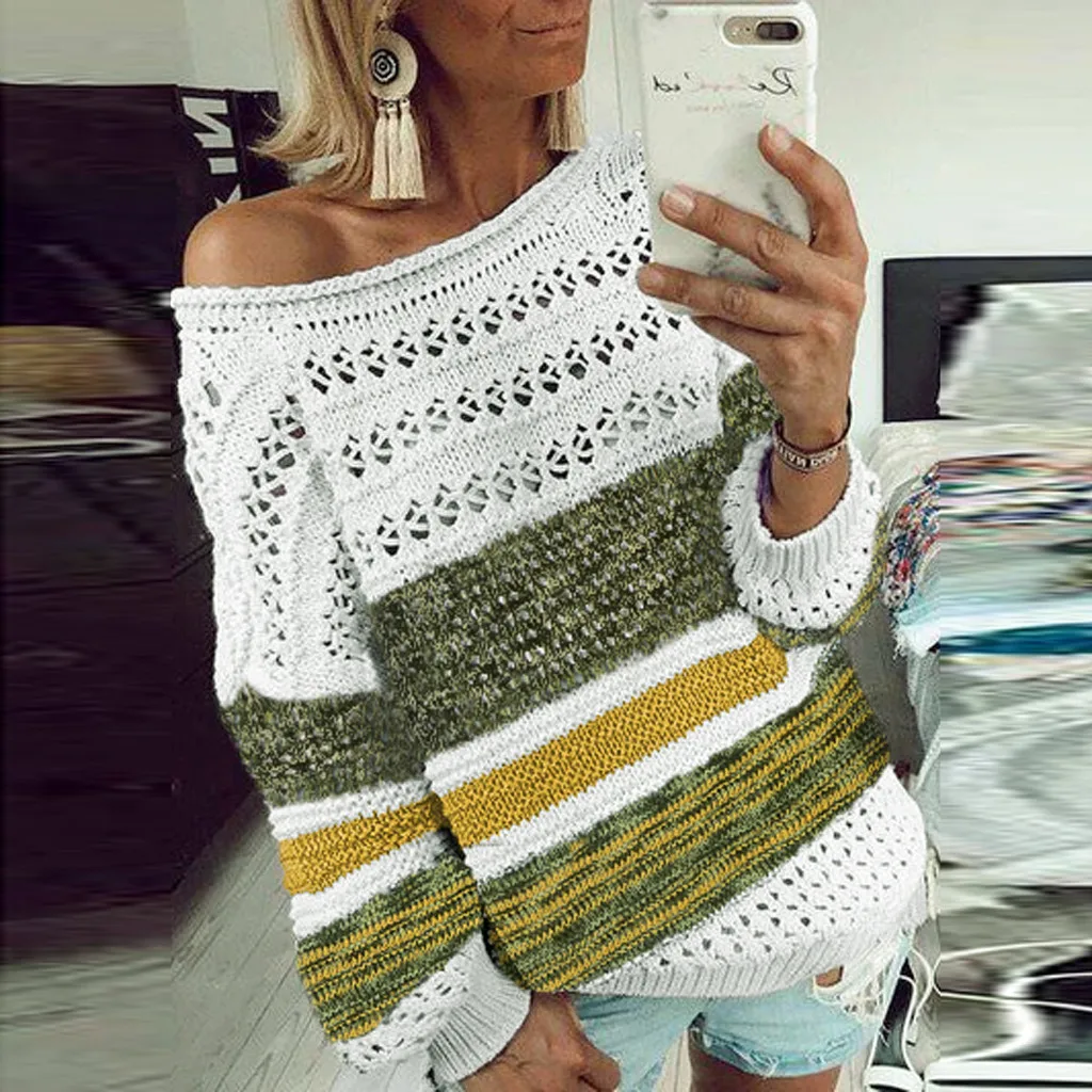 MISSOMO Winter Knitted sweater women 2019 pullover sweater jumper Stripe O-Neck Hollow Out Long Sleeve Sweaters pull femme hiver