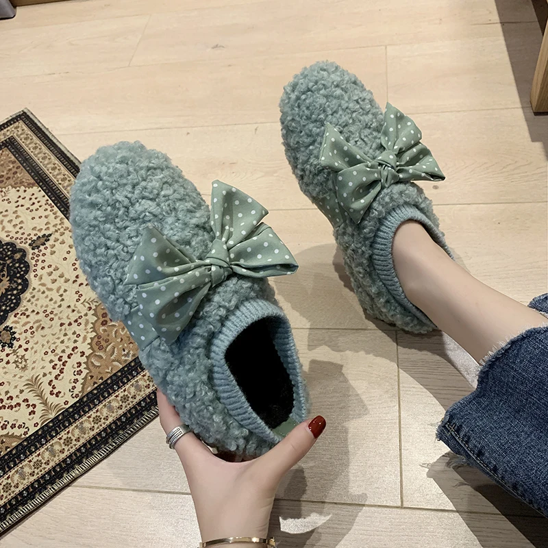 

EOEODOIT Women Autumn Winter Flats Round Toe Slip On Casual Sock Flats Fur Shoes With Sweet Dot Knot Loafers