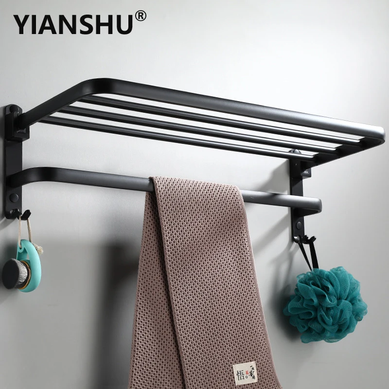 

YIANSHU Bathroom Double Layer Towel Rack Nordic Black High Quality Alumimum Foldable Design Wall Mounted Storage Shelf