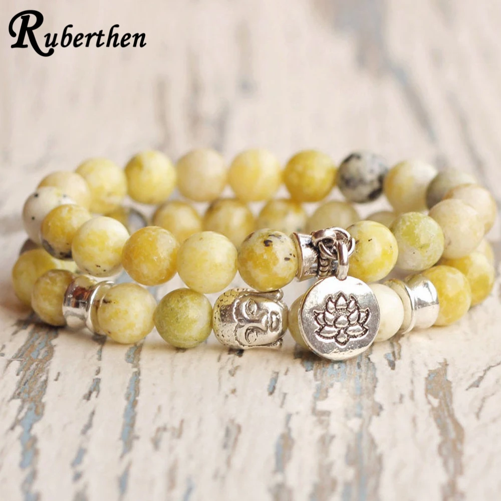 Ruberthen, натуральный желтый браслет Howlite Lotus, высокое качество, голова Будды, браслет для йоги, модные женские украшения на запястье