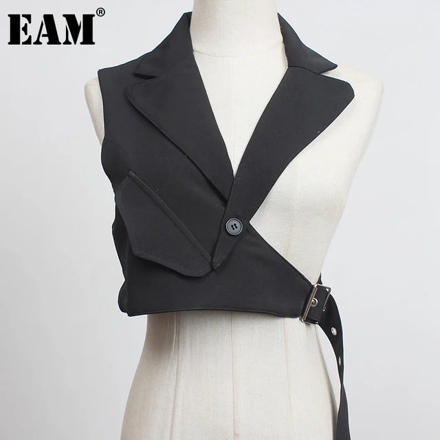 [EAM] Women Black Plaid Irregular Stitch Loose Fit Vest New V-collar Sleeveless   Fashion Tide Spring Autumn 2021 1DC530 1