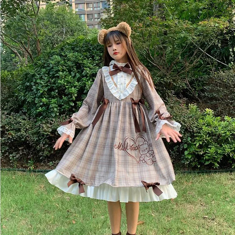 

England style sweet lolita dress vintage lace bowknot stand lattice printing victorian dress kawaii girl gothic lolita op cos