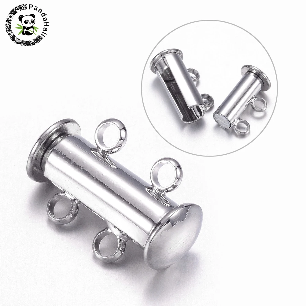 5sets 2-Strands Platinum Brass Slide Lock Clasps, 4-Holes,15x11.5x6mm, Hole: 2.5mm