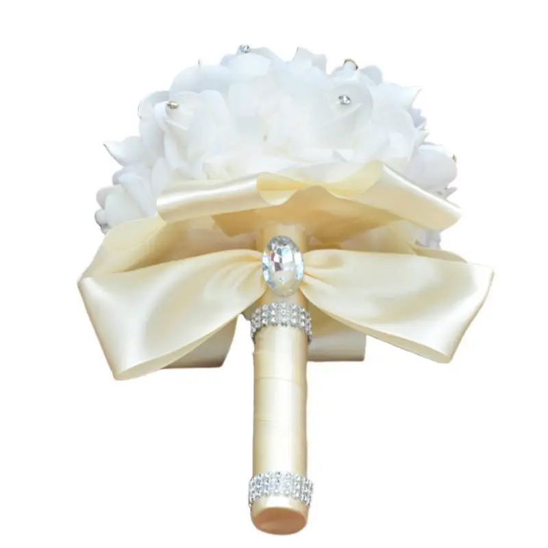 Корейский стиль Свадебный искусственный букет невесты цветок ПЭ Пена розы с искусственным кристаллом ленты со стразами для вечерние декор с церковью - Цвет: Milk White