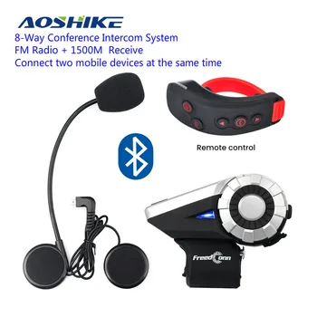 

AOSHIKE T-Rex 1500M 8-Way BT Interphone FM Radio Bluetooth Helmet Intercom Headset & Remote Control Motorcycle Group Talk System