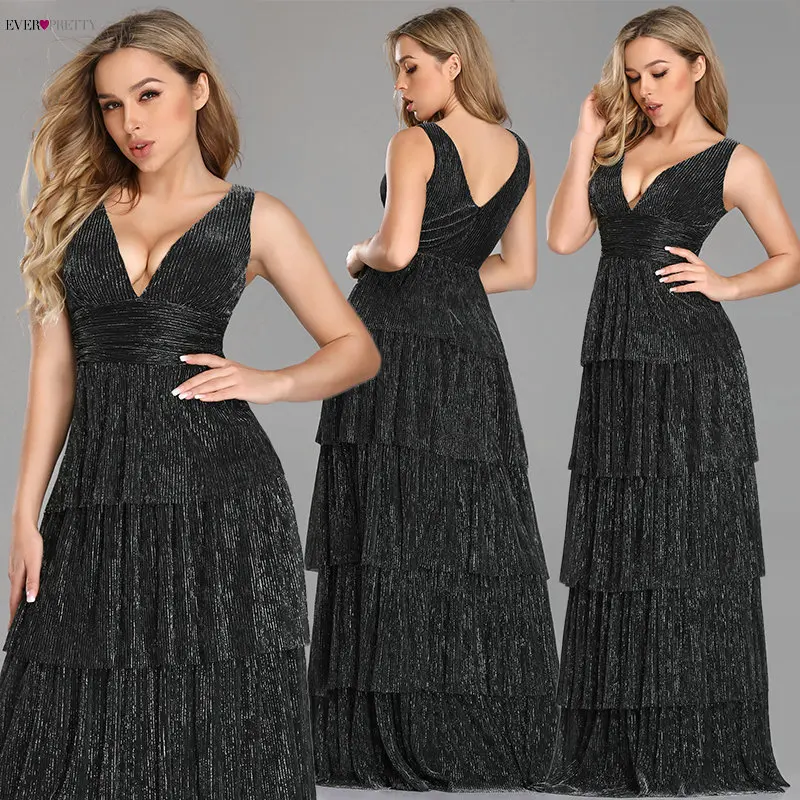 Black Prom Dress 2020 Ever Pretty EZ07766 Sexy V-neck Rufflues A-line Sleeveless Blush Pink Formal Party Gowns Robe De Soiree