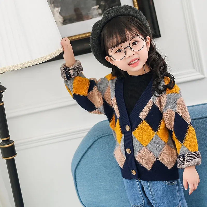 Baby Girl Knitted Cardigan Multicolor Knitwear Cute Tops for Girls Rhombus  V neck Sweater New Toddler Girl Autumn Winter Clothes|Sweaters| - AliExpress