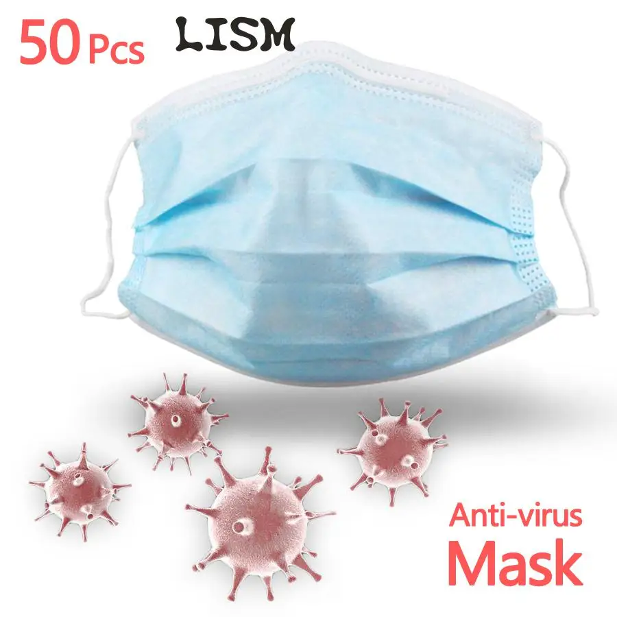 

50Pcs Antivirus 1 Disposable Mask Virus Nonwove 3 Layer Ply Filter Mouth Face Mask Dust BFE95 Meltblown Mouth Masks 50 Pcs