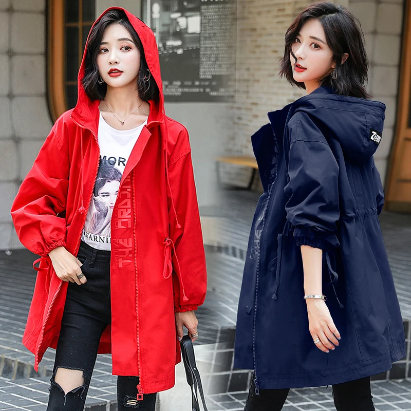 Для женщин с капюшоном пальто в стиле Харадзюку; модная Осенняя повседневная одежда пальто Тренч в красном и синем цветах уличная одежда свободного кроя в стиле «хип-хоп» топ ветровка