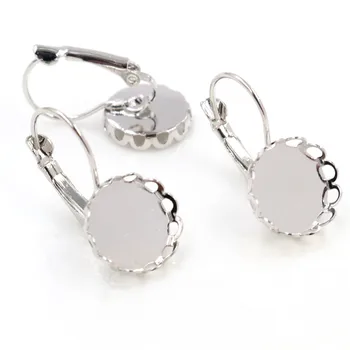 

12mm 10pcs Rhodium Plated French Lever Back Earrings Blank/Base,Fit 12mm Glass Cabochons,Buttons;Earring Bezels (L5-42)