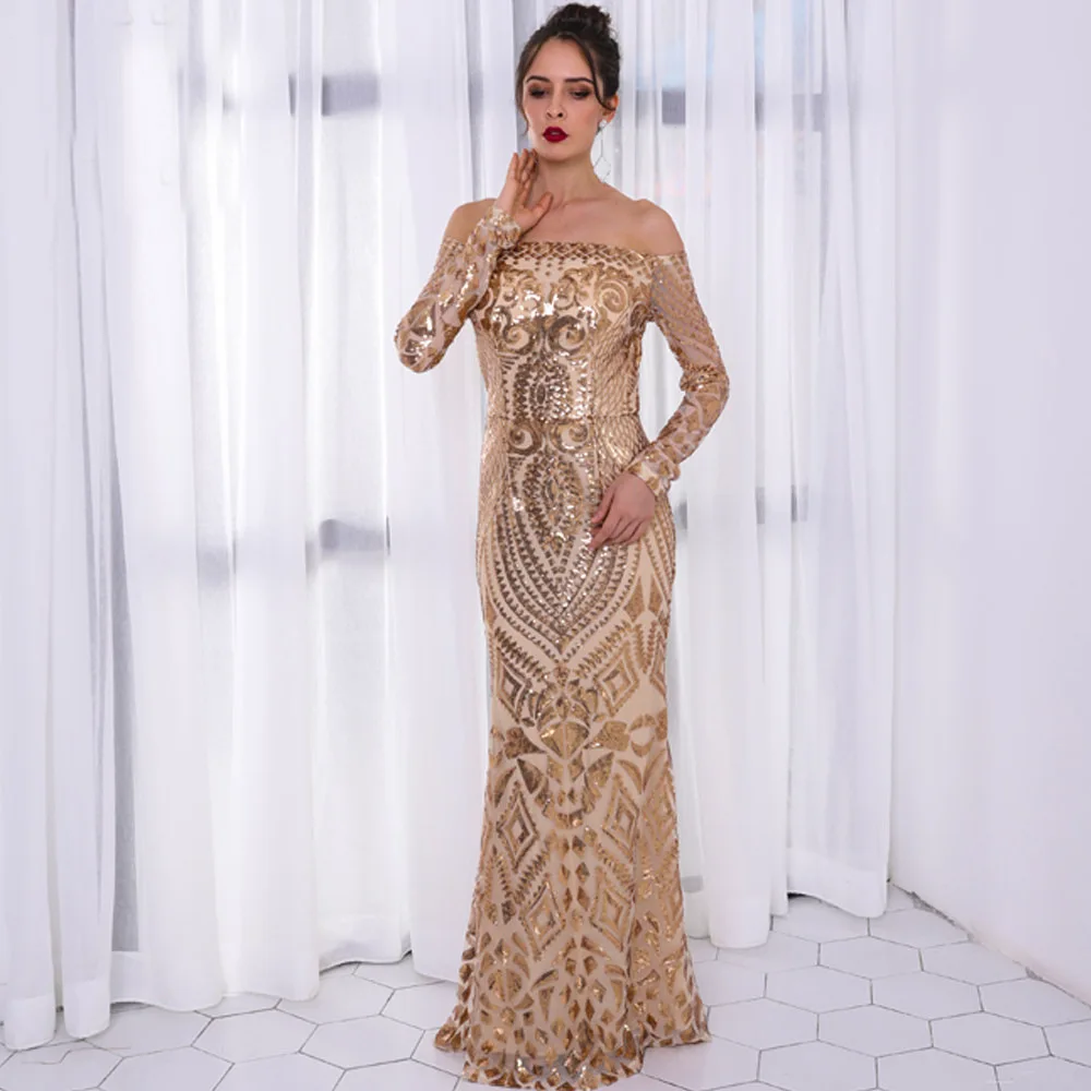 

2020 Elegant Female Sexy Off Shoulder Embroider Floor Length Evening Party Dress One Pieces Long Sleeve Off Shoulder Slim Dress