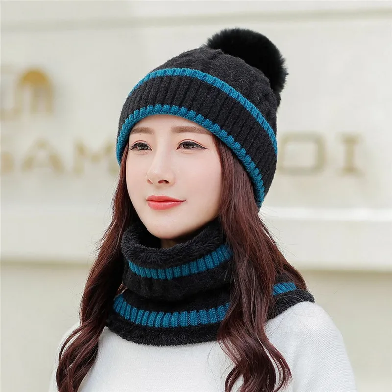 Прямая, комплект из 2 предметов для девочек, женские шапки Skullies Beanies, шапка с воротником, комплект для женщин, зимняя теплая вязаная шапка и шарф