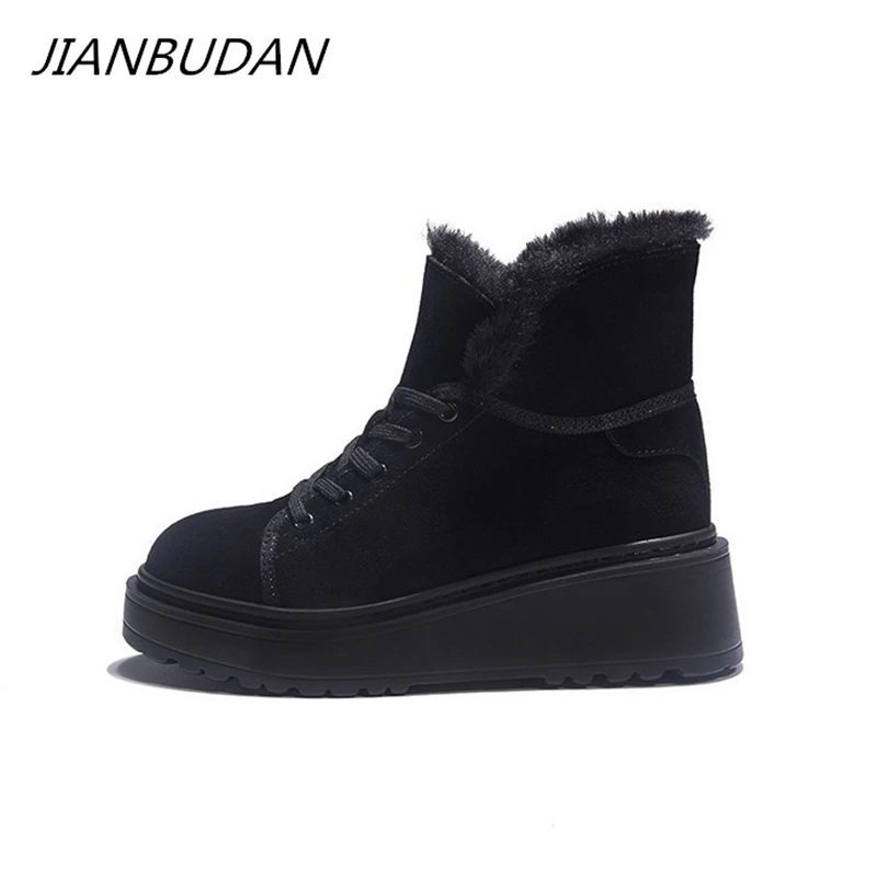 

JIANBUDAN/ Platform wedge plush short boots Women's winter warm snow boots Cow suede Fashion high heel plush Lace-Up girl shoes