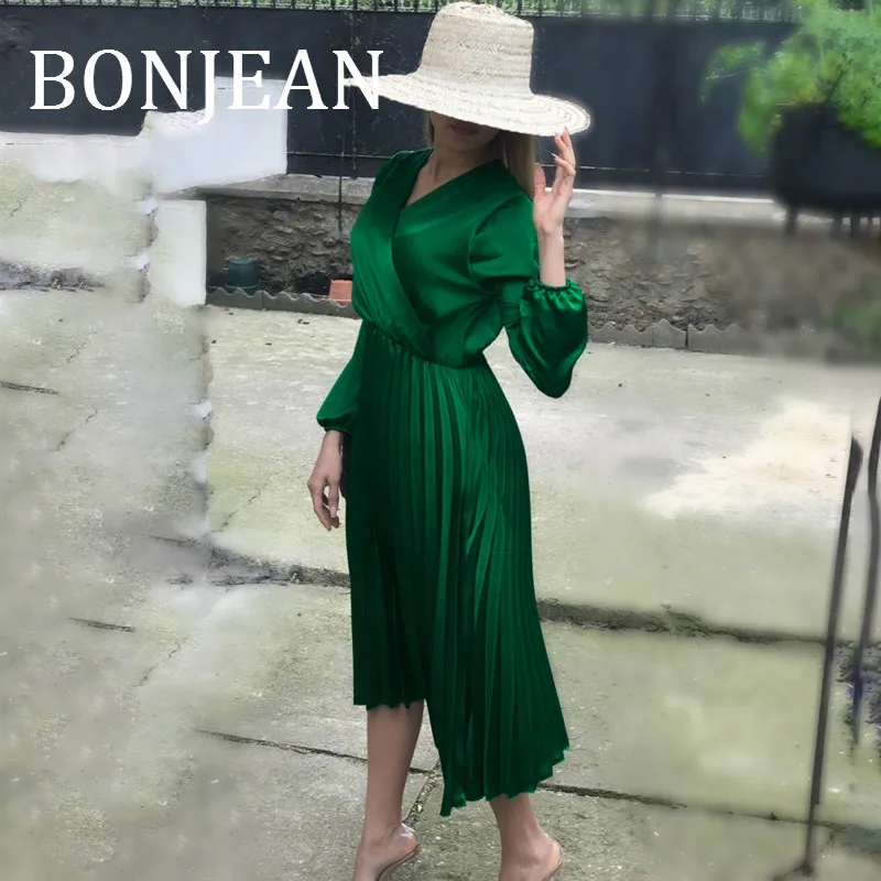 

BONJEAN Women's Green Pleated Dress 2019 Autumn Clothes Lantern Sleeve High Waist Dress Robe Femme Mid-Calf Length Dress BJ1538