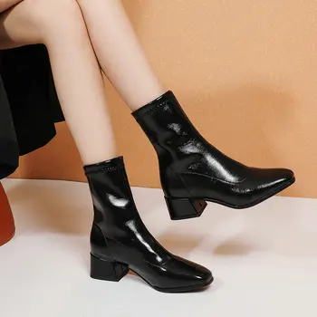 

2020 Autumn Winter Women Boots Fashion Square Toe Ankle Boots Comfortable Low Heel Ladies Shoes Elastic boots Black White Beige