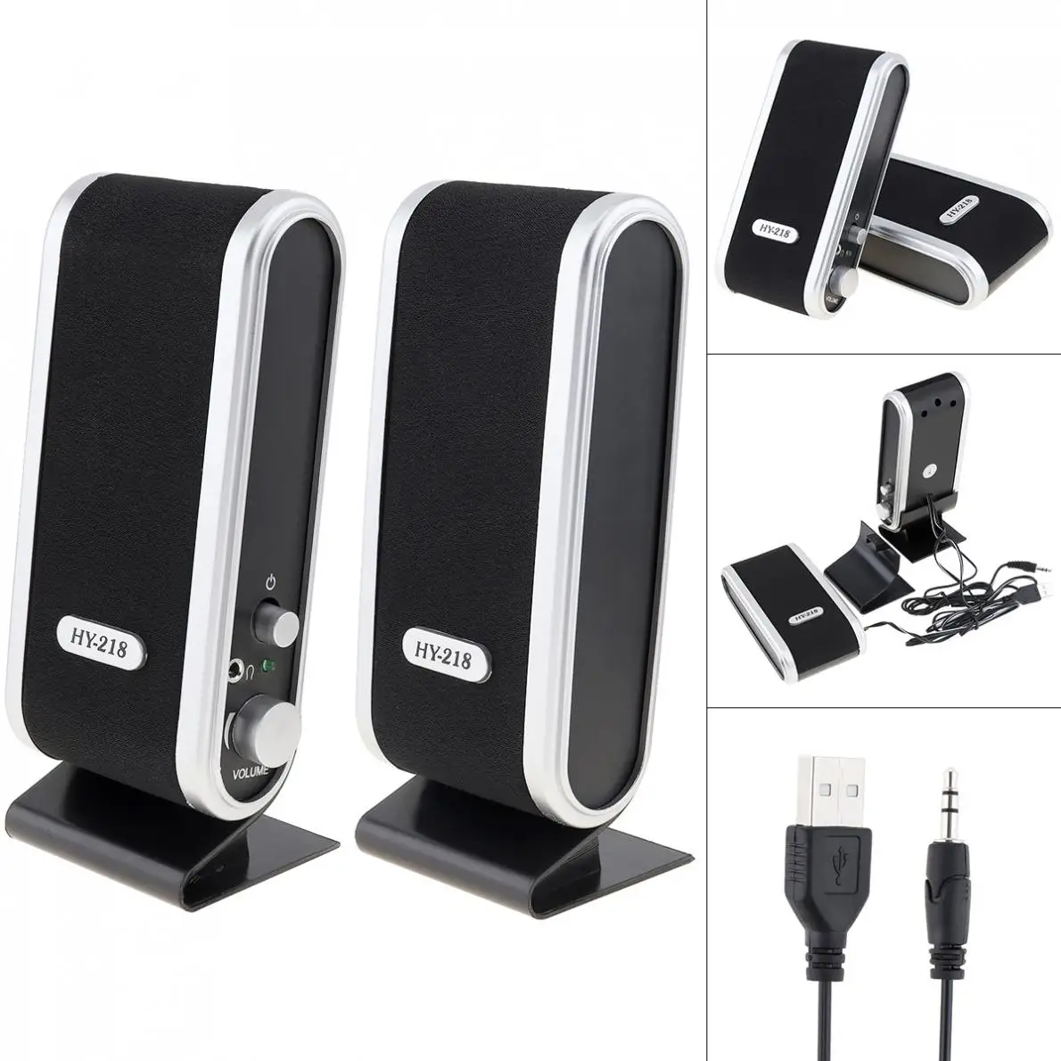Black HY 218 6W USB 2.0 Wired USB Power Speakers Stereo 3.5mm Audio