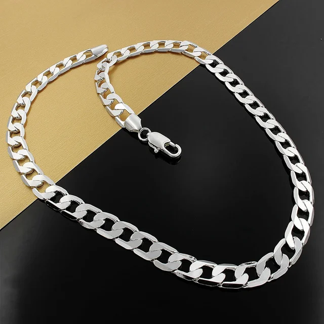 AGLOVER New 925 Sterling Silver 16/18/20/22/24 Inch 8MM Side Chain Necklace For Woman Man Fashion Charm Jewelry Gift 4