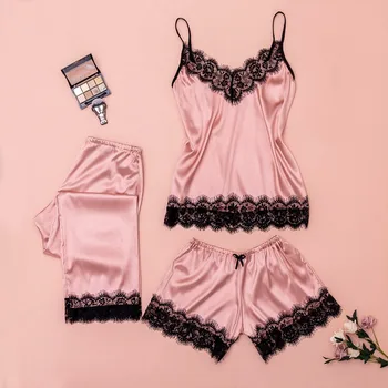 

3Pcs Women Sexy Satin Lingerie Underwear Babydoll Nightwear Sleepwear Strap Solid Color Lace Set пижама