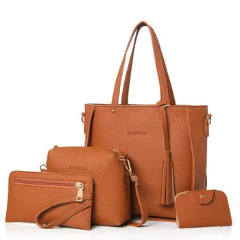 

HBWJ Tassel Handbag High Capacity Brown PU Leather Shoulder Bag Set Top-Handle for Women Female Fashion Shoulder Bag Purse