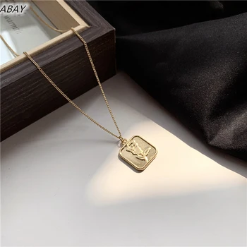

ABAY Classic Square Flower Petal Relief Metal Necklace Choker Korean Pendent Necklace for Women Girl Neck Jewelry Gift Wholesale