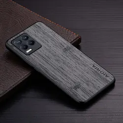 Luxury Bamboo Wood Pattern Leather Phone Cover for Realme 8S 5G (Dark Gray)