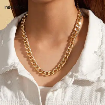

IngeSight.Z Punk Hip Hop Miami Curb Cuban Long Necklaces Statement Chunky Heavy Metal Choker Necklaces Collar for Women Jewelry