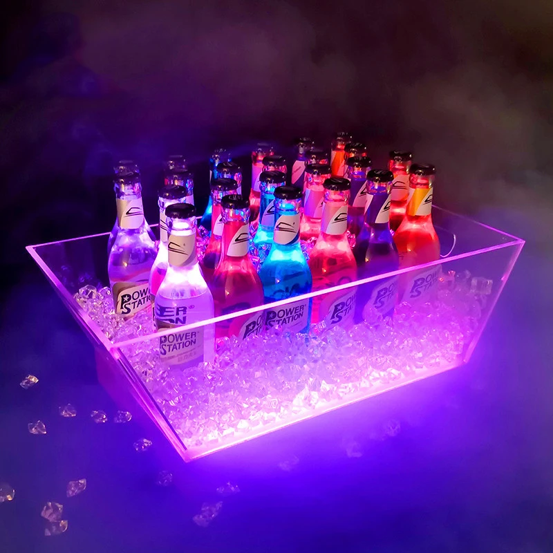 Transparent Acrylic Plastic Champagne Barrel With Led Light Trapezoidal Square Ice Drink Beer Cocktail Bucket Ktv Bar Luminous