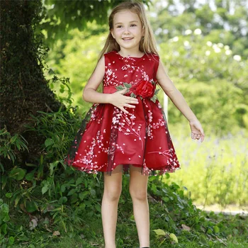 

Red Rose Lace Girls Wedding Party Dresses For Girl's Birthday Baby Kids Costume Evening Ball Dress Teenager Vestidos Clothes
