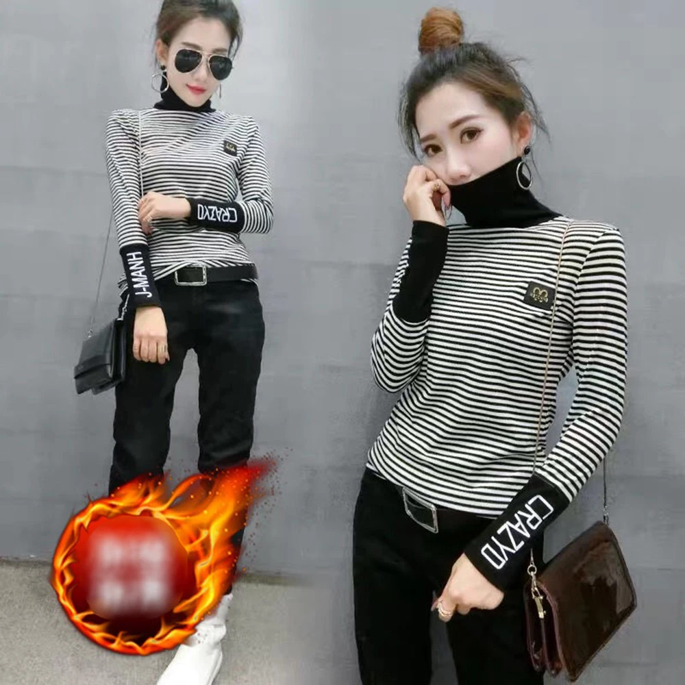 Women's Thermal Shirt Cotton Polyester Stretch Elasticity Compression Baselayer Tutrleneck Striped Fuzzy Thermal Underwear