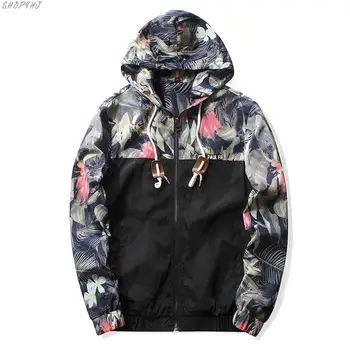 

Autumn Mens Hooded Jackets Slim Fit Long Sleeve Homme Trendy Windbreaker Coat Brand Clothing Drop Shipping Floral Jacket