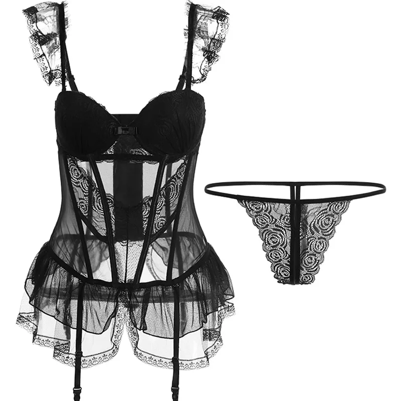 Felinus Hot Sale Women's Bustier Sexy Lace Corset Mesh Transparent Sleepwear Black Bodycon Jumpsuit G String Thong Lingerie