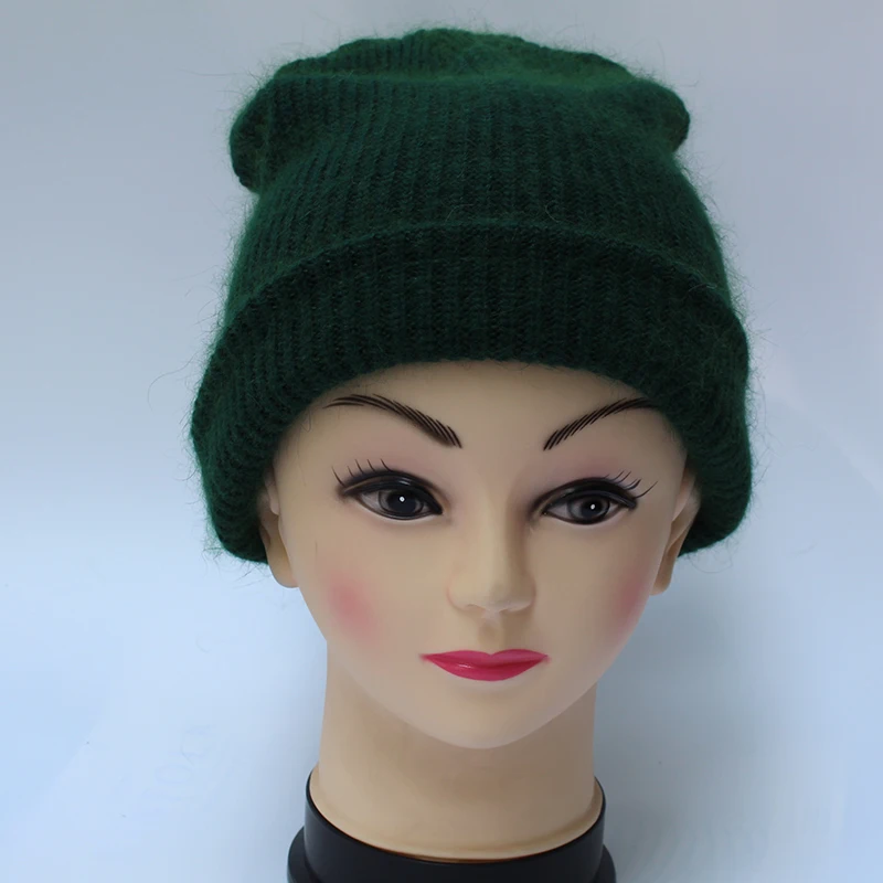 Новая зимняя женская шапка из кроличьего кашемира, вязаные шапки, толстые теплые женские шерстяные шапка из ангорской шерсти, женские вязаные шапки - Цвет: ArmyGreen