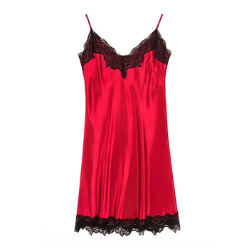 

Summer Women Satin Silk Lace Nightdress Sexy Spaghetti Strap Sleepwear Home Wear Dress Mini Robe Printed Tie Female Nightie