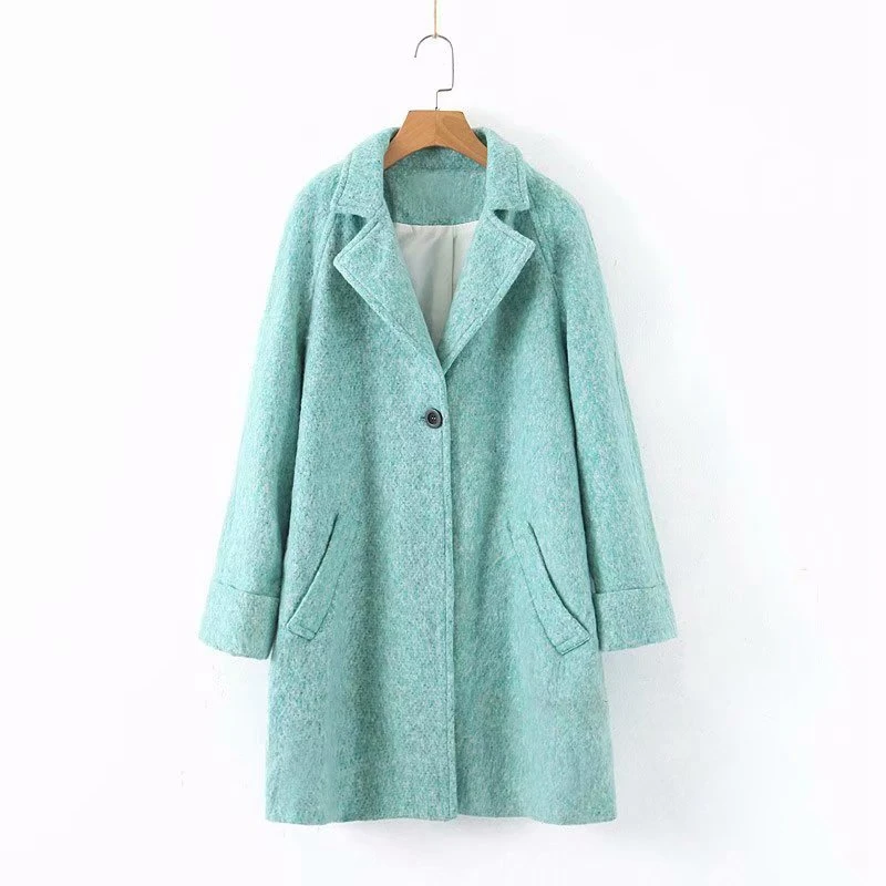 

Fashion Slim Woolen Overcoat Autumn Winter Turn Down Collar Pocket Long Coats Female One Button Street wear Outwear XZ2146