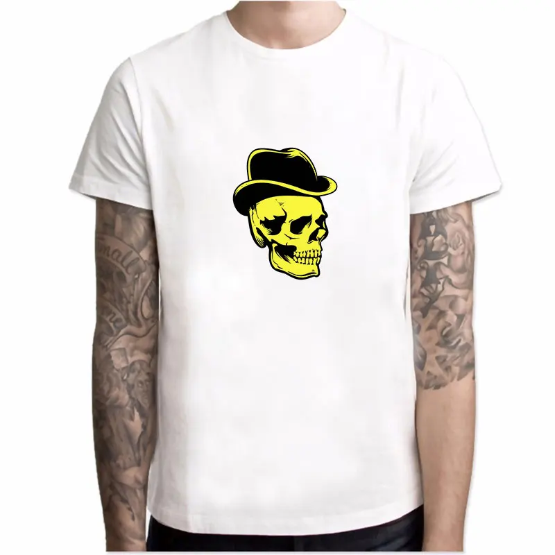 

MOUNTSHARP Men T Shirt Skull With Hat Print Harajuku Short Sleeve Polyester O-Neck Cotton Casual Knitted Streetwear Sweatshirt