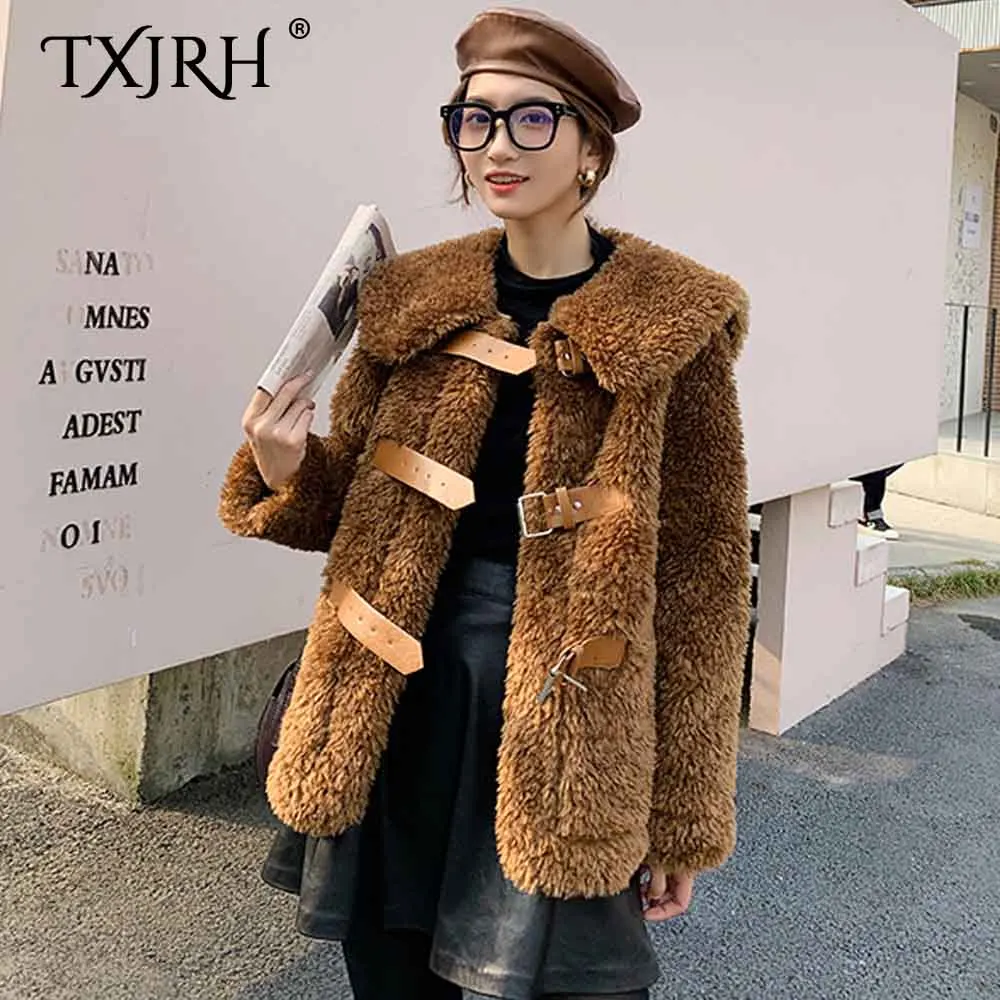 TXJRH, Корея, мохнатая куртка из искусственного меха ягненка, с карманами, с большим отворотом, с темно-синим воротником, с поясом, на пуговицах, пальто, теплая верхняя одежда, топы, 2 цвета