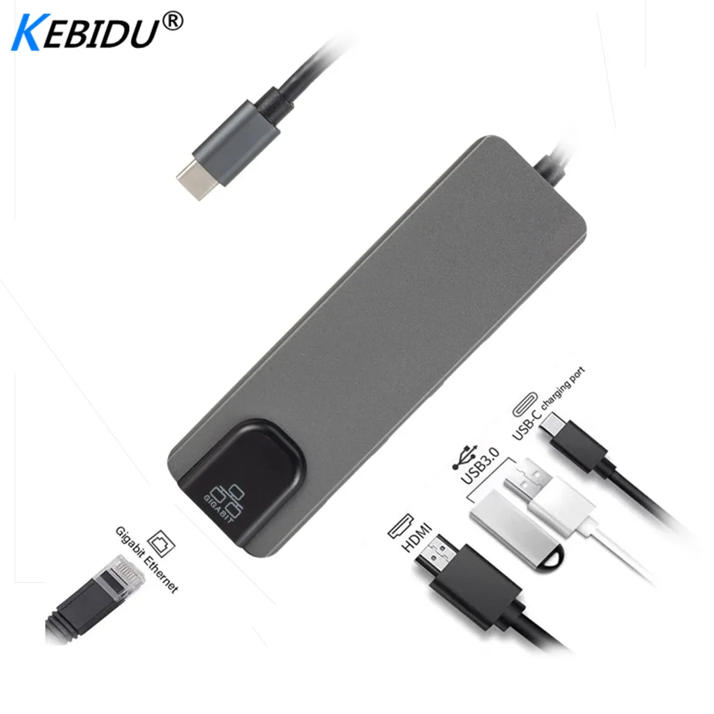 

Kebidumei 5 in 1 USB Type C Hub Hdmi 4K USB C Hub to Gigabit Ethernet Rj45 Lan Adapter for Mac book Pro USB-C Charger