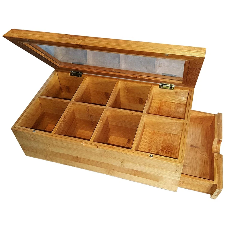 

Tea Box Natural Chest with Clear Hinged Lid, 8 Storage Sections with Expandable Drawer