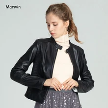 Marwin/ Новое поступление, весеннее короткое кожаное пальто из искусственной кожи с круглым вырезом и пуговицами в уличном и байкерском стиле, женская кожаная куртка