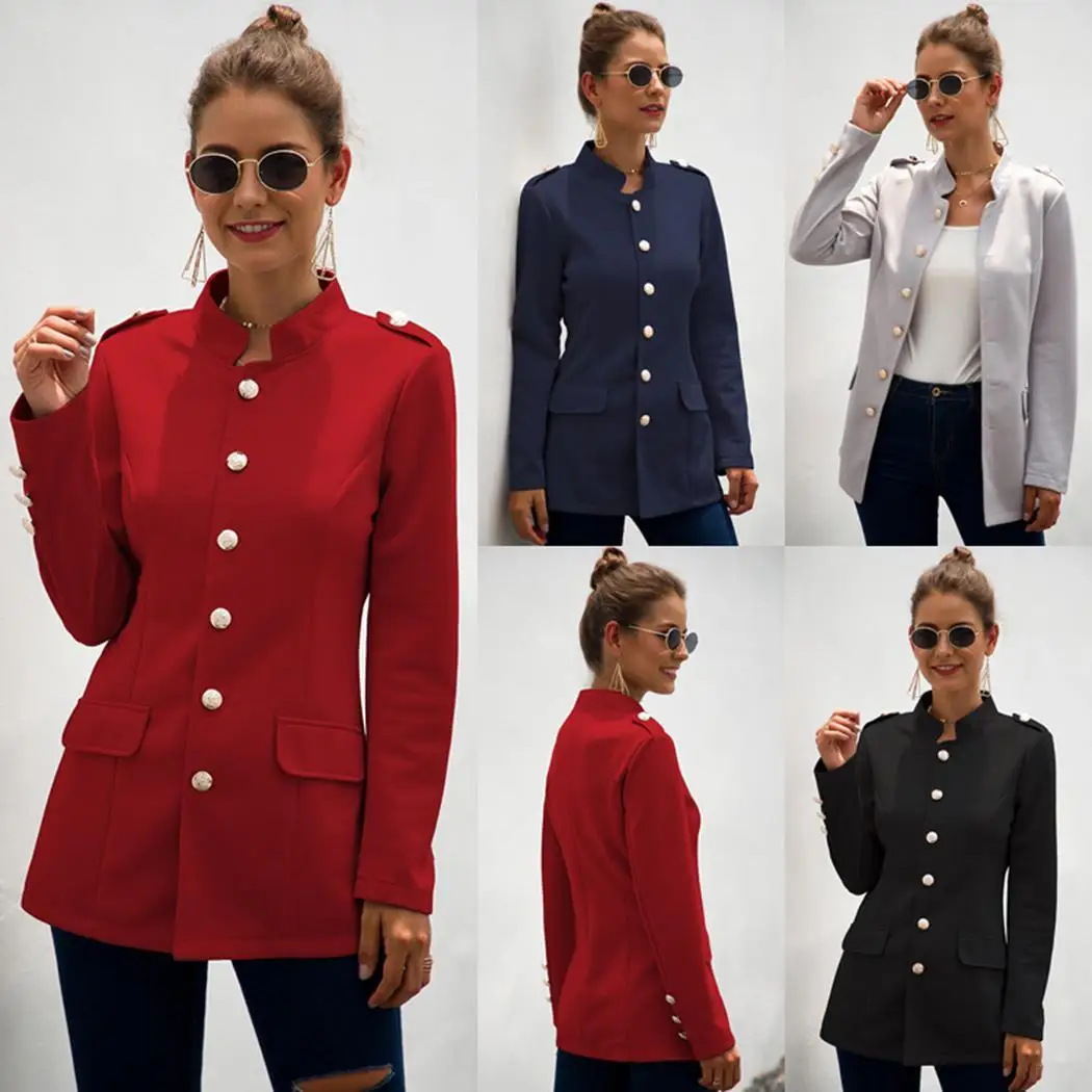 Женская мода Slim Fit одна грудь Кнопка стенд Повседневный воротник карманы повседневный костюм пиджак однотонный осенний