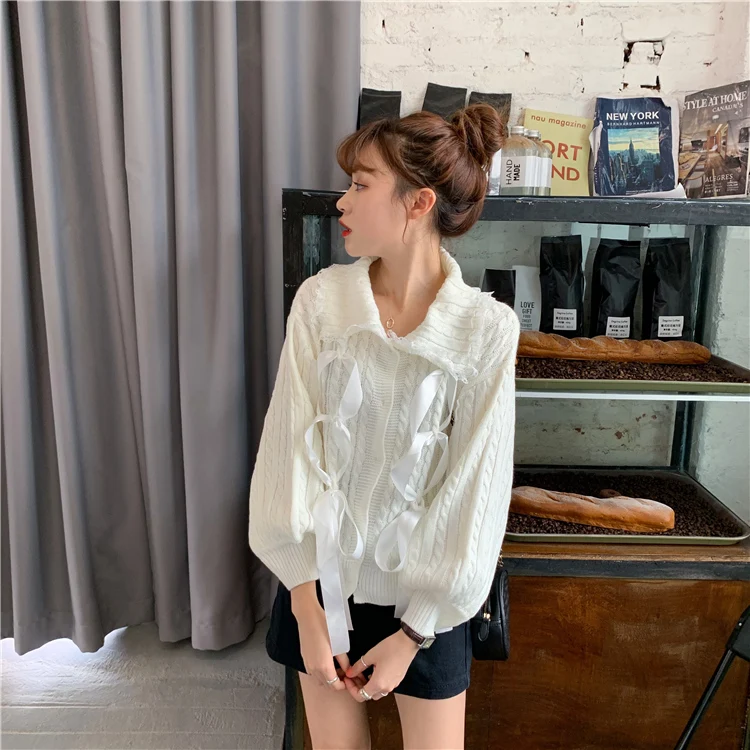 Alien Kitty White All Match Patchwork Lace Girls Preppy Style Fashion Warm Sweet Autumn Cardigans Loose Casual Knitted Sweaters