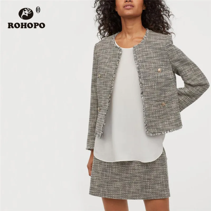 

ROHOPO Tweed Fabric Round Collar Gold Metal Buttons Jacket Cuff & Hem Tassel Weave Chic Plaid Autumn Outwear #297