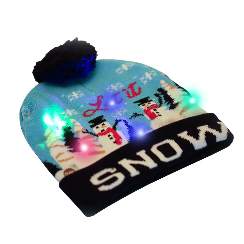 

Christmas Snowman Cuffed Knit Hat with LED Colorful Light Women Men Cap Fur Bobble Ball Pompom Winter Beanie Skullies Light Blue