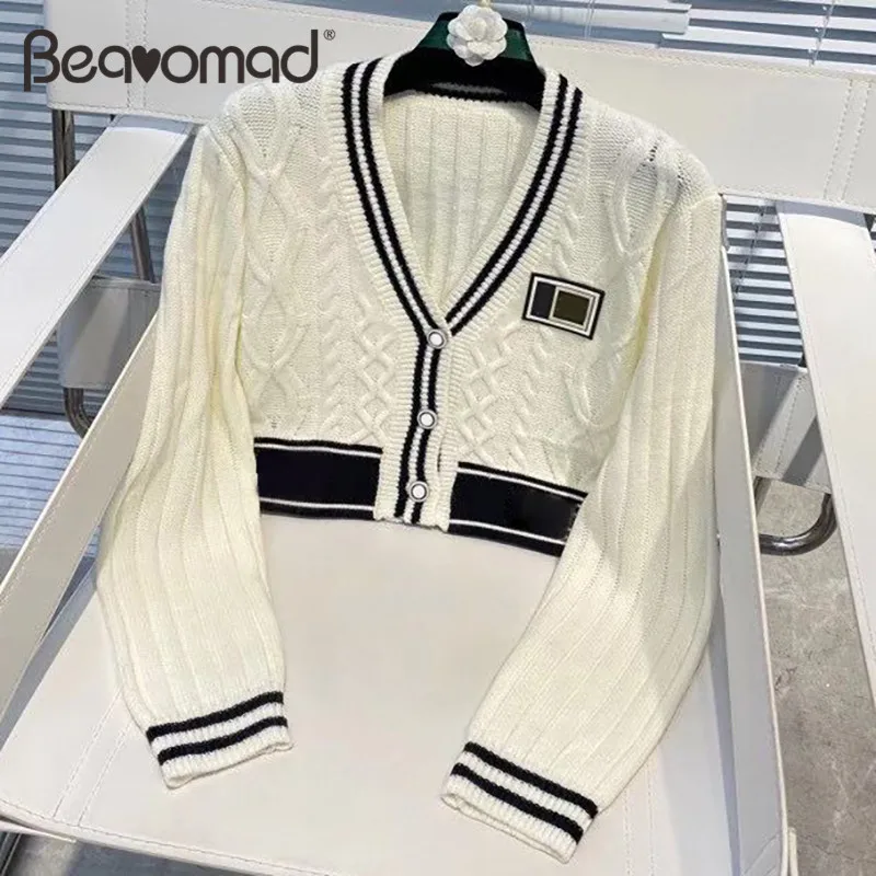 

Bearomad High Quality Runway Women's Cardigan Hhort Sweater Long Sleeve V-Neck Relief Casual Women Sweater
