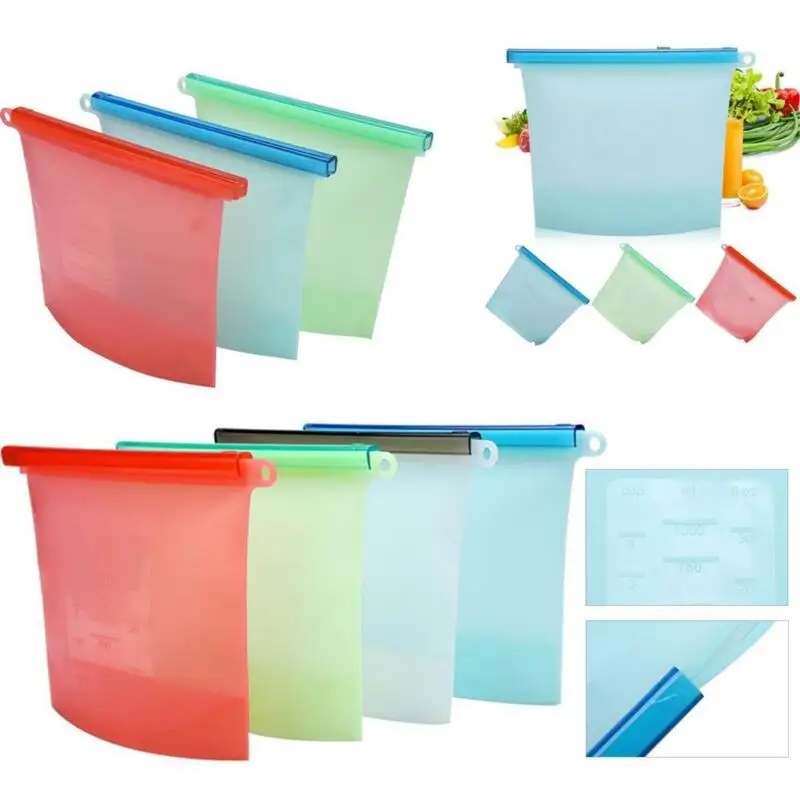

1000ml Reusable Silicone Food Grade Storage Bag Lunch Sandwich Snack Liquid Lunch Fruit Freezer Zip Seal Fresh Bags 4 Colors