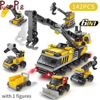 

142Pcs 6in1 Construction Team Truck Crane Figures Bricks Toys for Kids Gifts Building Blocks for Children