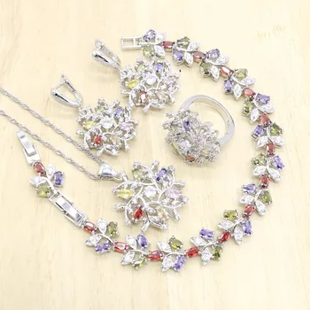 

Exquisite Wedding Jewelry Sets Women Multicolor Crystal Silver Color Bracelet Necklace Pendant Earrings Ring Birthday Jewelry